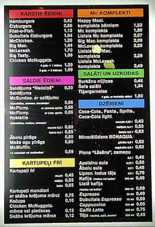 Preise einer amerikanischen fast-food Kette (Preis mal 1,4 = Euro)