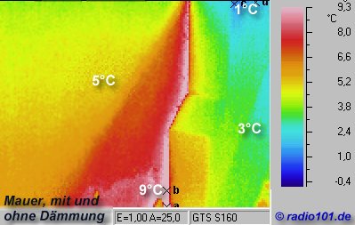 infrared image: wall with and without heat insulation - Thermographic picture - infrared photograph